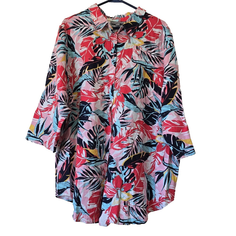 Women Plus Sz 22W Linen Blend Floral Button Up Shirt Boho Garden Peasant Chic
